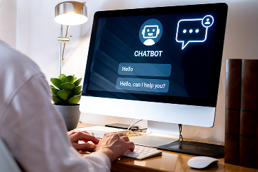 Chatfunctie op een website: chatbot beantwoordt automatisch een bezoekersvraag op een computerscherm