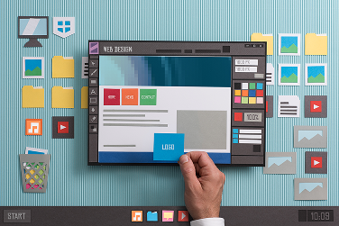 Illustratie van webdesignsoftware waarin een website wordt onderhouden en bijgewerkt